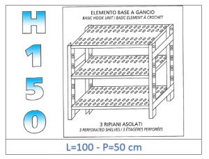 IN-G37010050B Shelf with 3 slotted shelves hook fixing dim cm 100x50x150h 