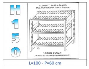 IN-G37010060B Shelf with 3 slotted shelves hook fixing dim cm 100x60x150h 