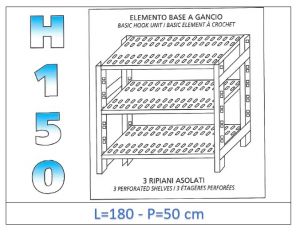 IN-G37018050B Shelf with 3 slotted shelves hook fixing dim cm 180x50x150h 