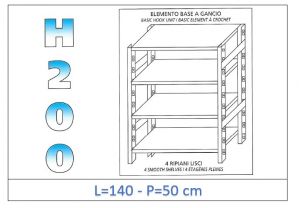 IN-G46914050B Shelf with 4 smooth shelves hook fixing dim cm 140x50x200h 