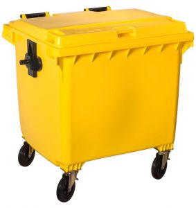 T766661 Yellow Plastic waste container for outdoor on 4 wheels 1100 liters